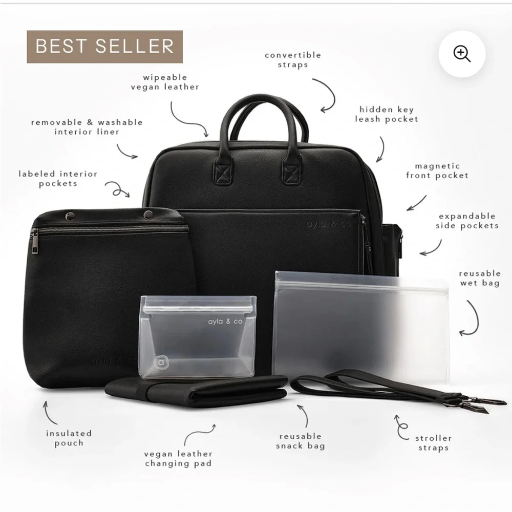 Ayla & Co Black Vegan Leather Convertible Baby Bag